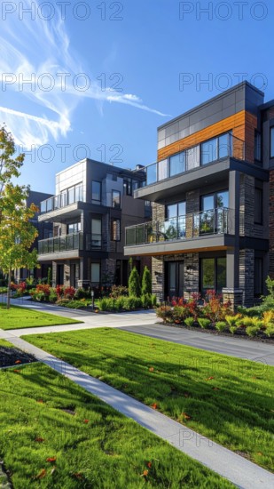Modern apartment building with balconies and well-kept landscaping at sunset, Modern multifamily housing property with brick, siding facade features balconies, manicured lawns. Contemporary residential buildings offer urban living spaces, condominium options in scenic town, blue sky with a colorful sunrise, AI gererated, AI generated