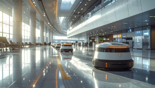 Autonomous cleaning roboter at modern airport terminal, showcasing advanced technology, daylight in the hall, the future of autonomous cleaning industry, AI generated