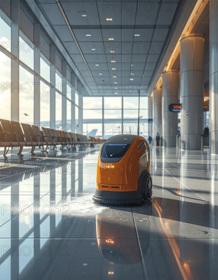 Autonomous cleaning roboter at modern airport terminal, showcasing advanced technology, daylight in the hall, the future of autonomous cleaning industry, AI generated