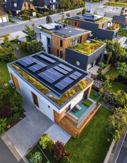 Aerial view showcases modern houses with solar panels and green roofs in a suburban setting, vibrant sunrise with blue sky, AI generated