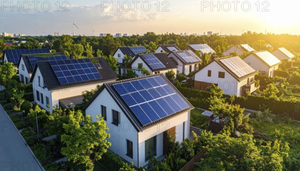 Aerial view showcases modern houses with solar panels and green roofs in a suburban setting, vibrant sunrise with blue sky, AI generated