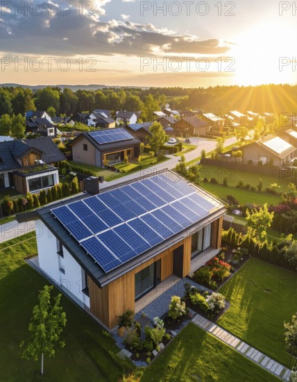 Aerial view showcases modern houses with solar panels and green roofs in a suburban setting, vibrant sunrise with blue sky, AI generated