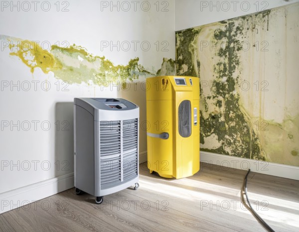 A specialized dehumidifier operates in a mold-infested room following water damage, Shell construction at construction site, AI generated