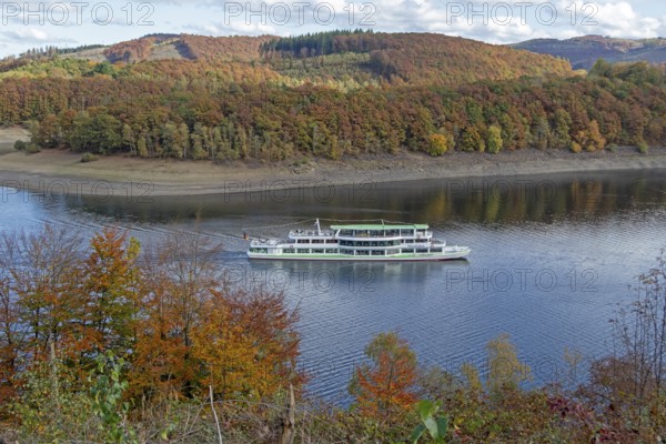 Excursion boat, Biggesee near Sondern, Olpe, Sauerland, North Rhine-Westphalia, Germany