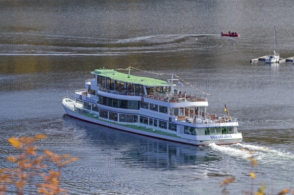 Excursion boat, Biggesee near Sondern, Olpe, Sauerland, North Rhine-Westphalia, Germany