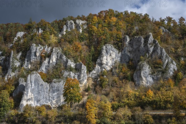 Distinctive Jurassic limestone cliffs in the upper Danube Valley, surrounded by autumn vegetation, on the right the raven rocks, Sigmaringen district, Baden-Württemberg, Germany