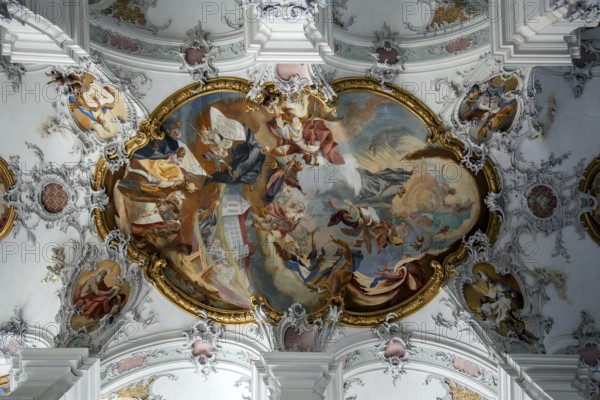 St. George and James Catholic Church, interior view, ceiling frescoes, Isny, Allgäu, Baden-Württemberg, Germany