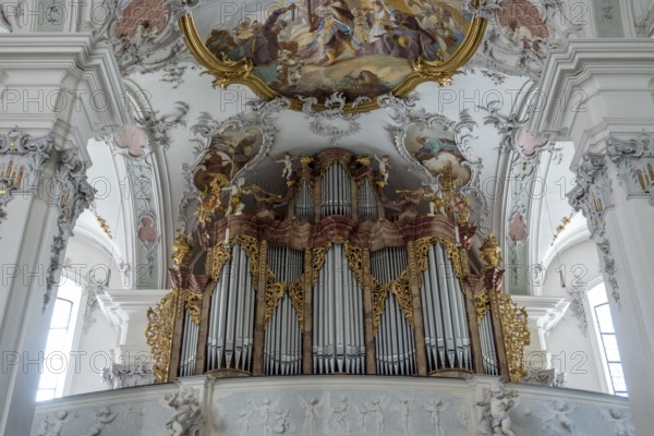 St. George and James Catholic Church, interior view, organ, Isny, Allgäu, Baden-Württemberg, Germany