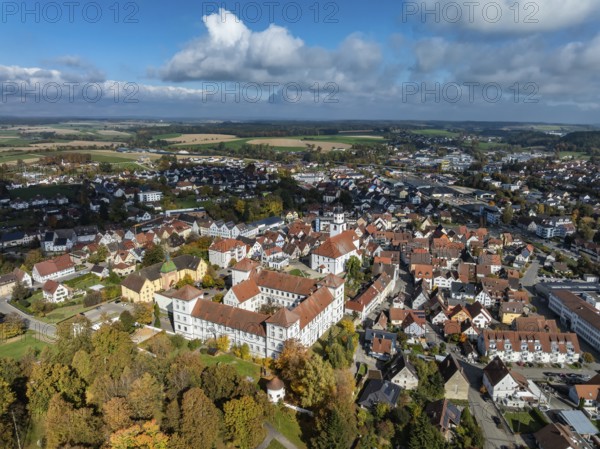 Aerial view of the city of Messkirch with Messkirch Castle and Castle of the Counts of Zimmern, Sigmaringen district, Baden-Württemberg, Germany