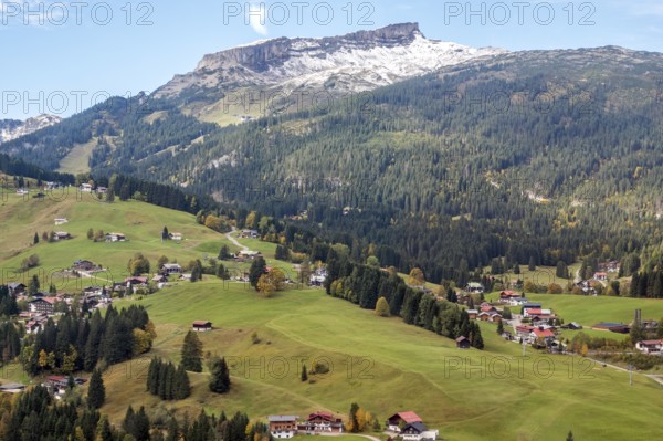 View of Hirschegg and the Kleinwalsertal valley, in the back of Hoher Ifen, Allgäu Alps, Vorarlberg, Austria