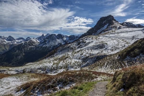 Right pulpit wall, back left mountains of the Allgäu Alps, cloud formation, Vorarlberg, Austria