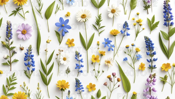 Vibrant wildflowers and grass create a colorful and joyful floral pattern, Variety of wild flowers, spring plant and grass seamless pattern, vibrant realistic vector illustration wallpaper, a spring natural colorful background as template or poster, AI generated