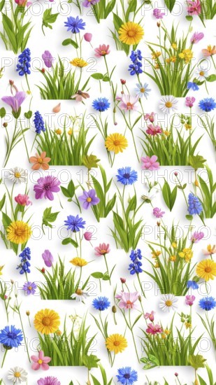 Vibrant wildflowers and grass create a colorful and joyful floral pattern, Variety of wild flowers, spring plant and grass seamless pattern, vibrant realistic vector illustration wallpaper, a spring natural colorful background as template or poster, AI generated