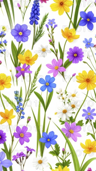 Vibrant wildflowers and grass create a colorful and joyful floral pattern, Variety of wild flowers, spring plant and grass seamless pattern, vibrant realistic vector illustration wallpaper, a spring natural colorful background as template or poster, AI generated
