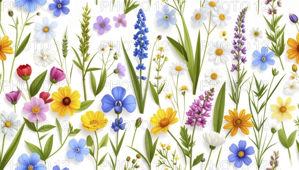 Vibrant wildflowers and grass create a colorful and joyful floral pattern, Variety of wild flowers, spring plant and grass seamless pattern, vibrant realistic vector illustration wallpaper, a spring natural colorful background as template or poster, AI generated