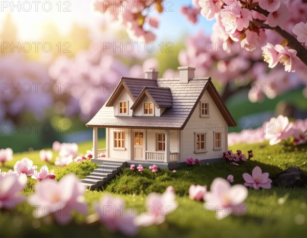 A miniature house surrounded by blooming cherry blossoms and warm sunlight, creating a peaceful and idyllic spring atmosphere, toy house on blossom cherry flowers, spring natural background. concept of mortgage, construction, rental, family and property, AI generated
