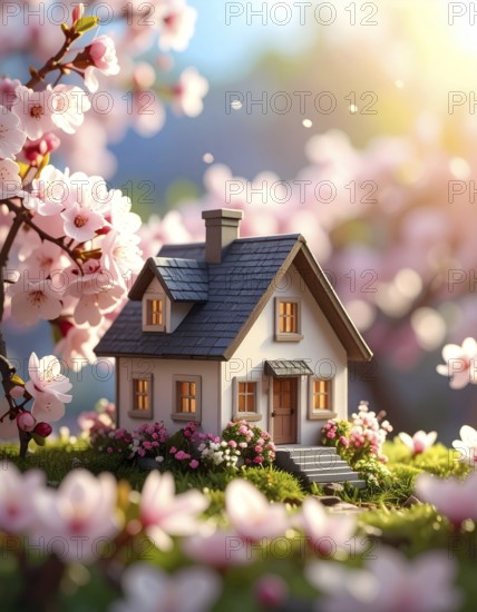 A miniature house surrounded by blooming cherry blossoms and warm sunlight, creating a peaceful and idyllic spring atmosphere, toy house on blossom cherry flowers, spring natural background. concept of mortgage, construction, rental, family and property, AI generated
