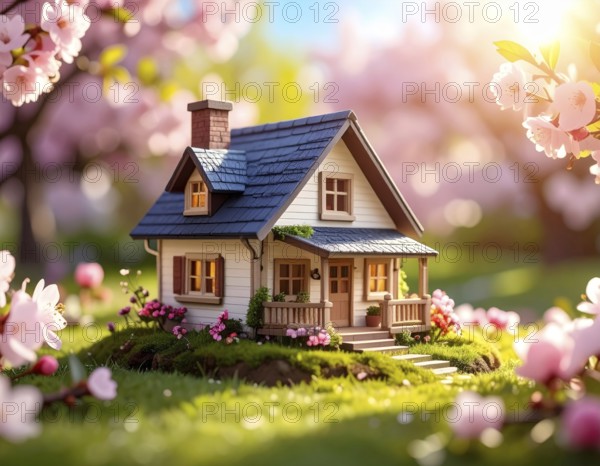 A miniature house surrounded by blooming cherry blossoms and warm sunlight, creating a peaceful and idyllic spring atmosphere, toy house on blossom cherry flowers, spring natural background. concept of mortgage, construction, rental, family and property, AI generated