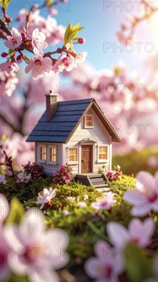 A miniature house surrounded by blooming cherry blossoms and warm sunlight, creating a peaceful and idyllic spring atmosphere, toy house on blossom cherry flowers, spring natural background. concept of mortgage, construction, rental, family and property, AI generated