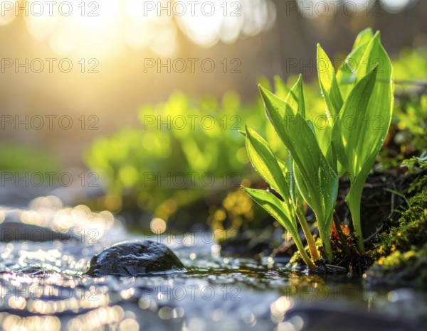 Beautiful spring detailed stream of fresh water, vibrant blooming young green plants, wallpaper banner for springtime and summer nature concept, AI generated