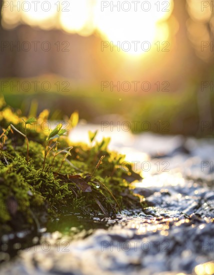 Beautiful spring detailed stream of fresh water, vibrant blooming young green plants, wallpaper banner for springtime and summer nature concept, AI generated