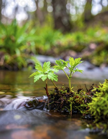 Beautiful spring detailed stream of fresh water, vibrant blooming young green plants, wallpaper banner for springtime and summer nature concept, AI generated