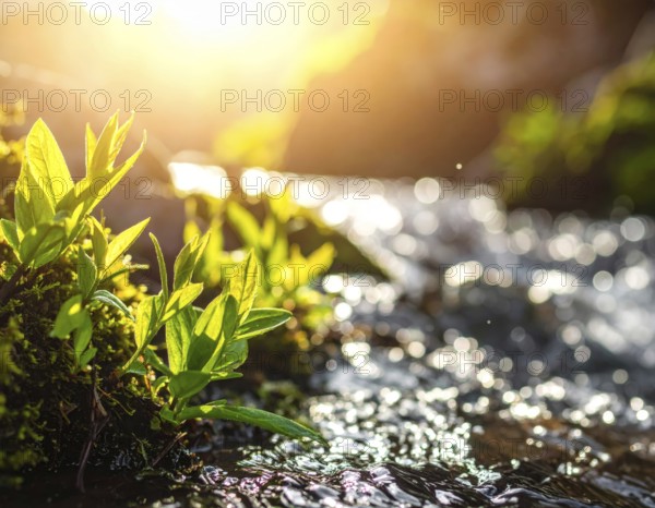 Beautiful spring detailed stream of fresh water, vibrant blooming young green plants, wallpaper banner for springtime and summer nature concept, AI generated