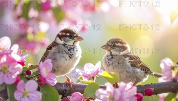 Small funny Sparrow Chicks sit in the garden surrounded by pink Apple blossoms on a Sunny may day, AI generated