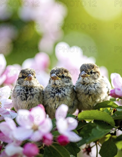 Small funny Sparrow Chicks sit in the garden surrounded by pink Apple blossoms on a Sunny may day, AI generated