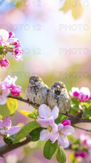 Small funny Sparrow Chicks sit in the garden surrounded by pink Apple blossoms on a Sunny may day, AI generated