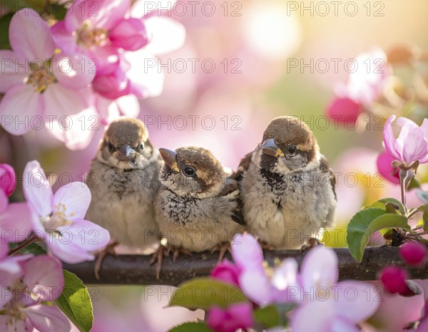 Small funny Sparrow Chicks sit in the garden surrounded by pink Apple blossoms on a Sunny may day, AI generated