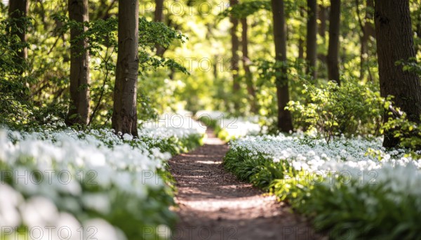 A tranquil forest path lined with white flowers, surrounded by tall trees and bathed in soft sunlight, Pathway through the forest with blooming wild garlic (Allium ursinum) sunny summer day, AI generated