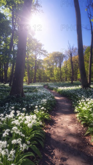 A tranquil forest path lined with white flowers, surrounded by tall trees and bathed in soft sunlight, Pathway through the forest with blooming wild garlic (Allium ursinum) sunny summer day, AI generated