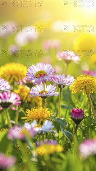 A sunny meadow with daisies in full bloom under bright sunlight, creating a vibrant and cheerful atmosphere, Blooming meadow with lots of white and pink spring daisy flowers and yellow dandelions, sunny day with blue clear sky, beautiful landscape in blurred background, fresh spring and summer nature concept, AI generated
