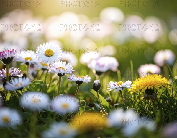 A sunny meadow with daisies in full bloom under bright sunlight, creating a vibrant and cheerful atmosphere, Blooming meadow with lots of white and pink spring daisy flowers and yellow dandelions, sunny day with blue clear sky, beautiful landscape in blurred background, fresh spring and summer nature concept, AI generated