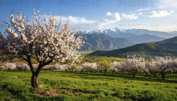 Landscape with a blooming apricot tree, idilyc spring nature, green grass and mountains in background, blue cloudy sky in sunset web banner spring time concept, AI generated