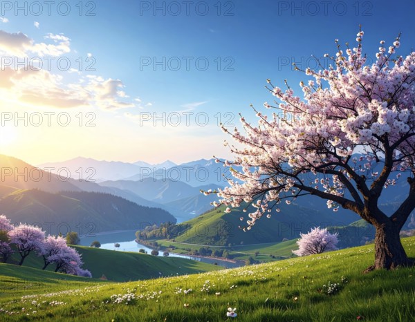 Landscape with a blooming apricot tree, idilyc spring nature, green grass and mountains in background, blue cloudy sky in sunset web banner spring time concept, AI generated