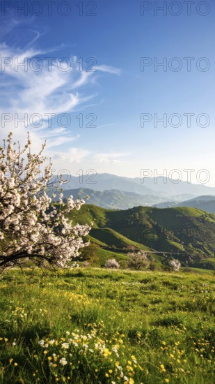 Landscape with a blooming apricot tree, idilyc spring nature, green grass and mountains in background, blue cloudy sky in sunset web banner spring time concept, AI generated