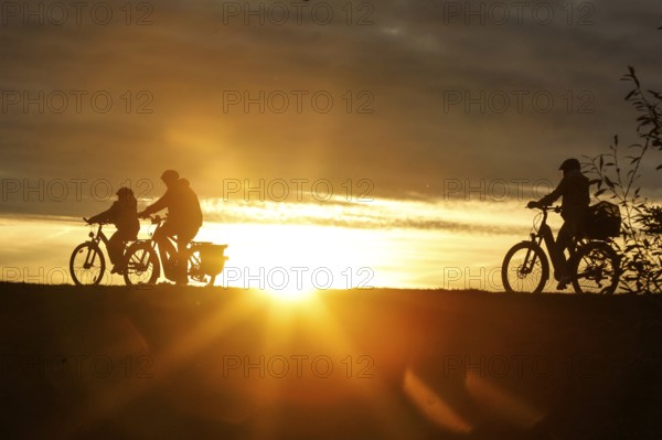 Cyclists ride on a cycle path on the island of Fehmarn at sunset, 13.10.2025, Fehmarn, Schleswig-Holstein, Germany