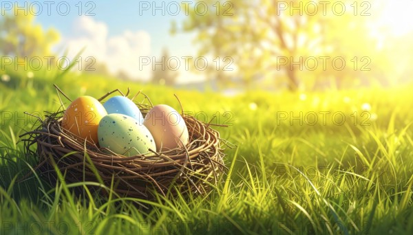 Nest with easter eggs in a basket on grass, sunny spring day, fresh beautiful landscape at daylight, soft focus for calm scenery, festive Easter decoration, wallpaper illustration banner, panorama, background, AI generated