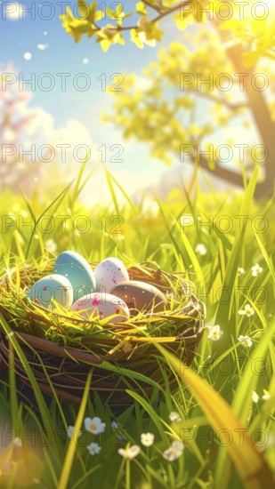Nest with easter eggs in a basket on grass, sunny spring day, fresh beautiful landscape at daylight, soft focus for calm scenery, festive Easter decoration, wallpaper illustration banner, panorama, background, AI generated