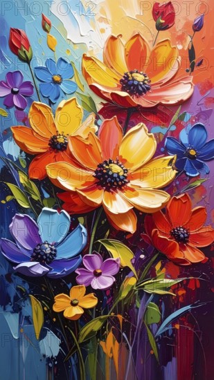 Closeup of abstract rough colorful multicolored organic floral spring flowers art painting texture, with oil acrylic brushstroke, pallet knife paint on canvas wallpaper, AI generated