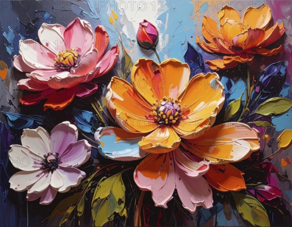 Closeup of abstract rough colorful multicolored organic floral spring flowers art painting texture, with oil acrylic brushstroke, pallet knife paint on canvas wallpaper, AI generated