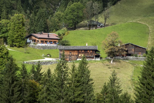 View of historic mountain farming village Gerstruben, Oberstdorf, Allgäu Alps, Oberallgäu, Allgäu, Bavaria, Germany