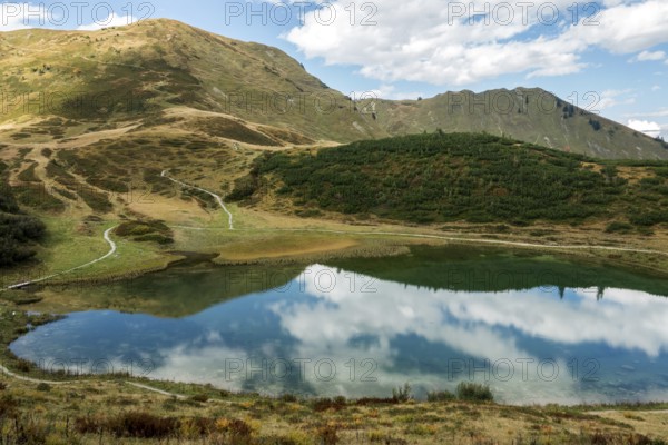 Schlappoldkopf and Söllerkopf are reflected in Schlappoldsee, Fellhorn, Oberstdorf, Oberallgäu, Allgäu, Bavaria, Germany