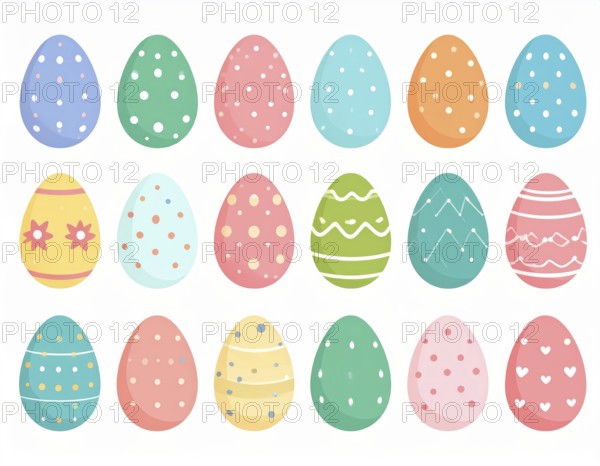 Set of easter eggs flat design on white background, abstract vector wallpaper illustration, banner for springtime, AI generated