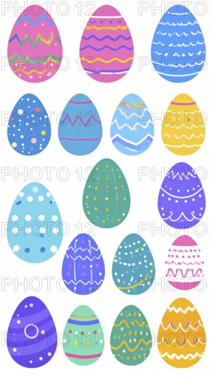 Set of easter eggs flat design on white background, abstract vector wallpaper illustration, banner for springtime, AI generated