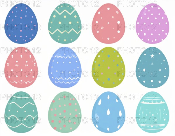 Set of easter eggs flat design on white background, abstract vector wallpaper illustration, banner for springtime, AI generated