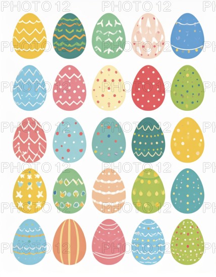 Set of easter eggs flat design on white background, abstract vector wallpaper illustration, banner for springtime, AI generated