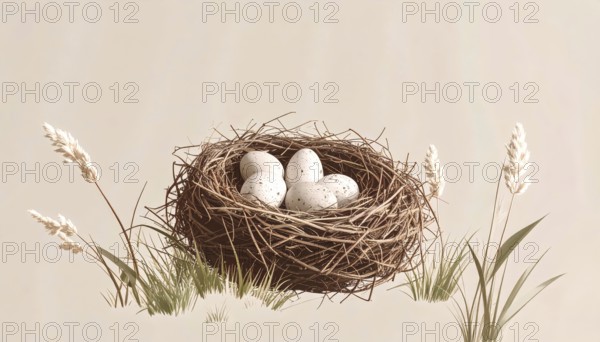 Nest with easter eggs in grass on a sunny spring day, Easter wallpaper decoration drawing, banner, panorama, background, abstract vector illustration, AI generated